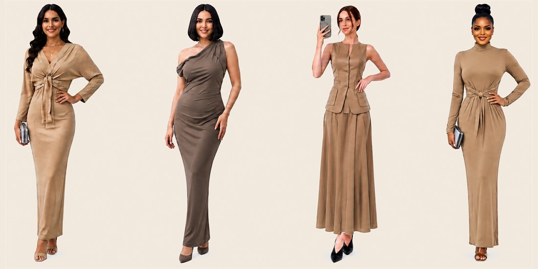 Four ladies' outfit ideas in camel, tan and taupe