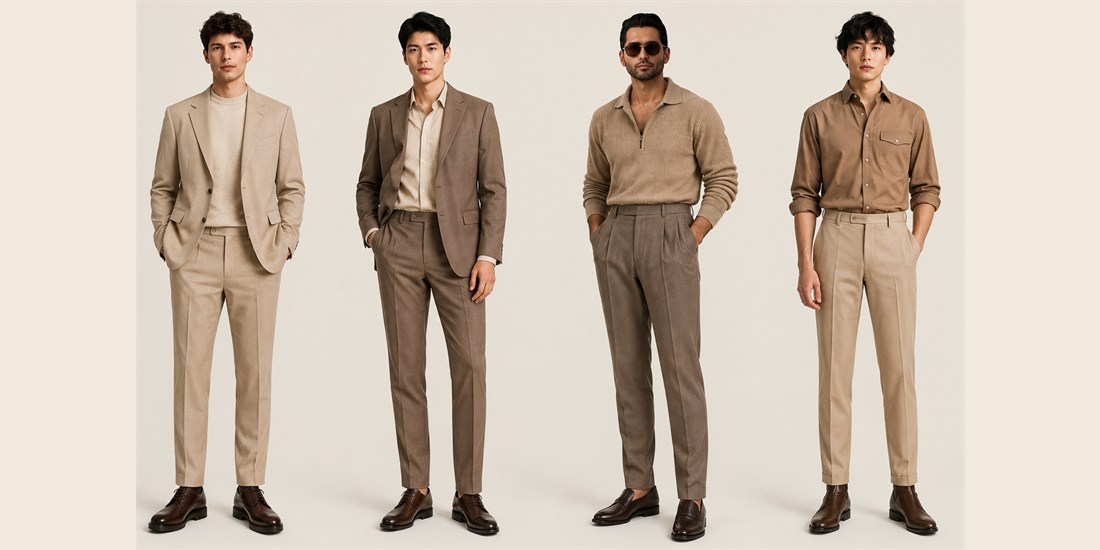 Four gentlemen's outfit ideas in beige, taupe and brown