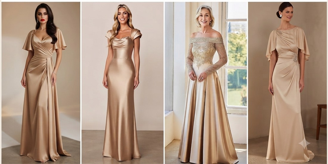 Four floor-length champagne satin gowns for the ninangs