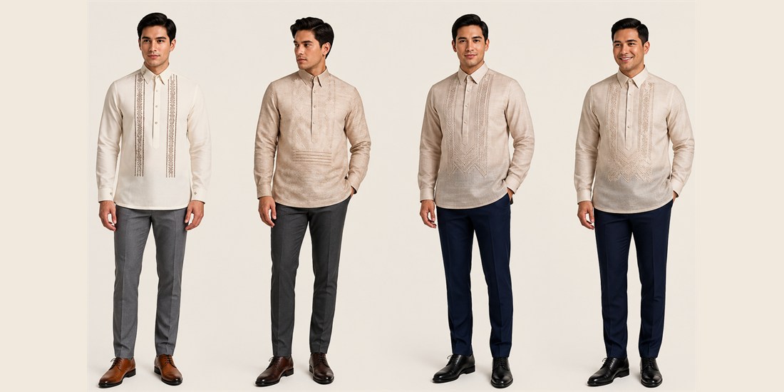 Four embroidered barong Tagalog looks in ivory and beige for the ninongs